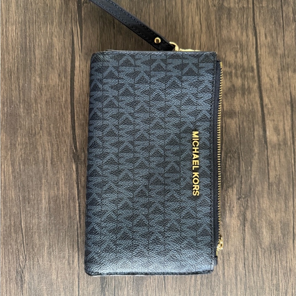 Michael Kors Navy and Gold Logo Wristlet